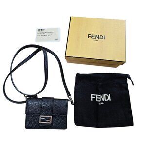 FENDI Flat Baguette Micro Black Leather WOC Shoulder Bag Wallet FF Box + Tag